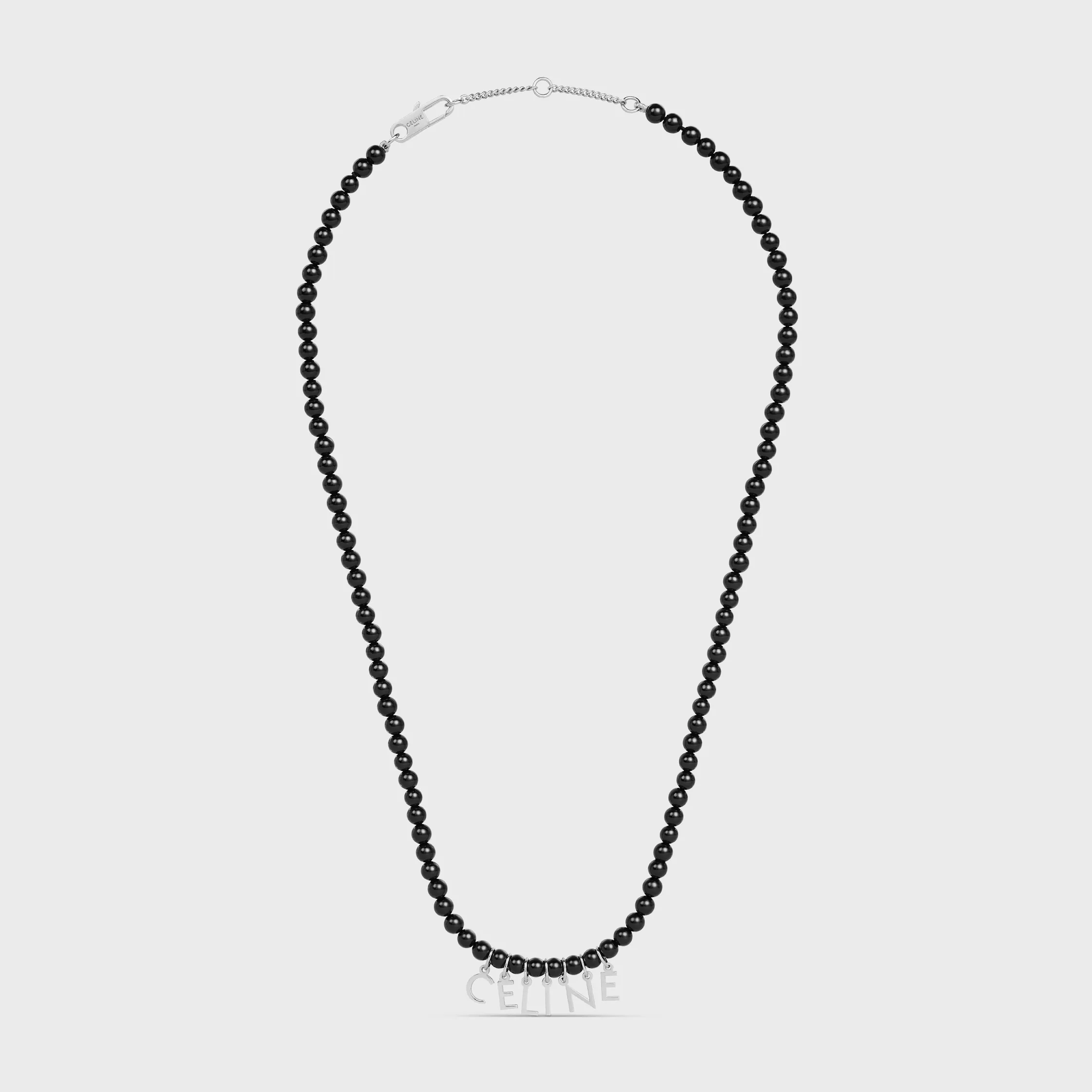 Celine Monochrom Perlen-Halskette aus Onyx und Messing mit Rhodium-Overcoat