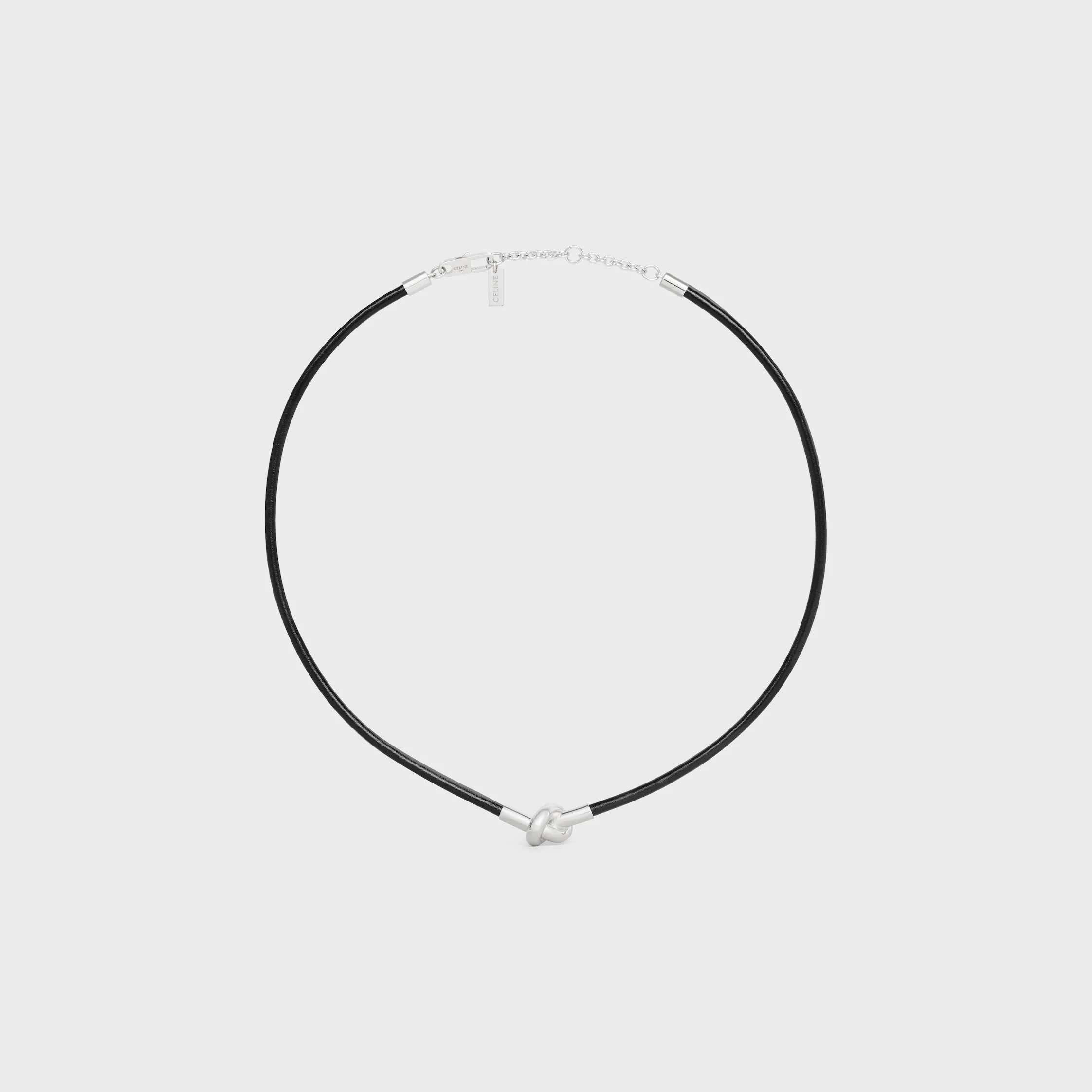 Knot-Halskette aus Kalbsleder und Messing mit Rhodium-Overhead