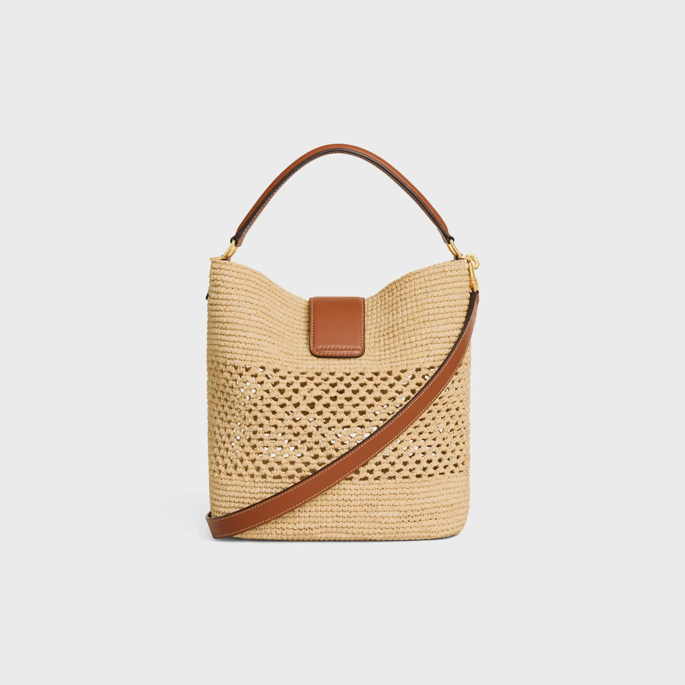 MITTELGROßE LOUISE-UMHÄNGE TASCHE AUS RATTAN UND KALBSLEDER